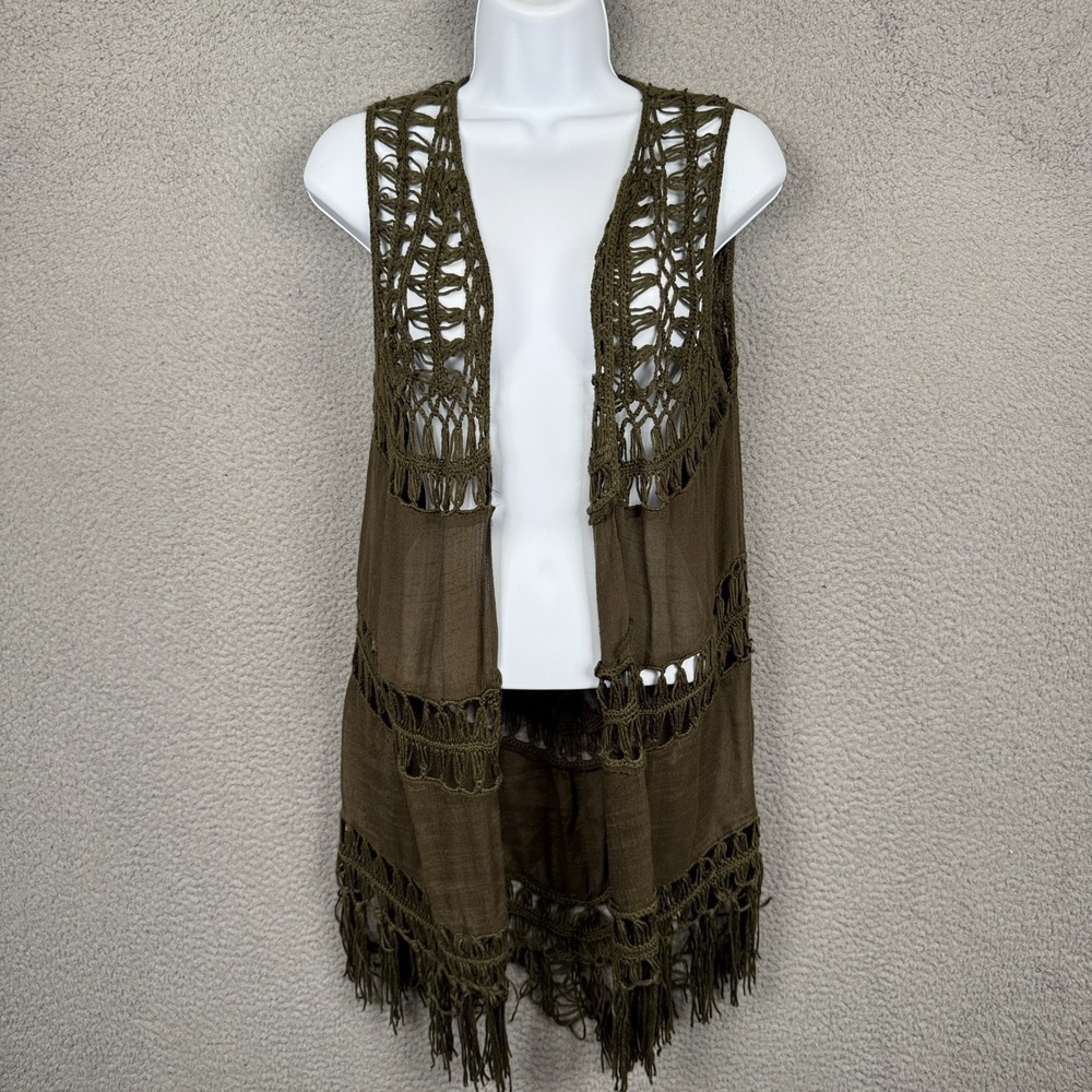Rue 21 Top Womens S Olive Green‎ Crochet Fringe Vest Boho Festival Fairy Grunge